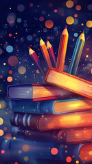 Colorful pencils and stacked books illuminated by soft lights and bokeh effect in a cozy setting