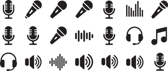 Collection of Black Microphone Icons and Audio Symbols