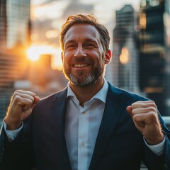 Obraz premium A Businessman Celebrates Success Against a Cityscape Backdrop Bathed in Golden Sunset Light, embodying Triumph and Determination.