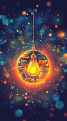 A glowing light bulb surrounded by colorful books and sparkles in a dreamy, vibrant background