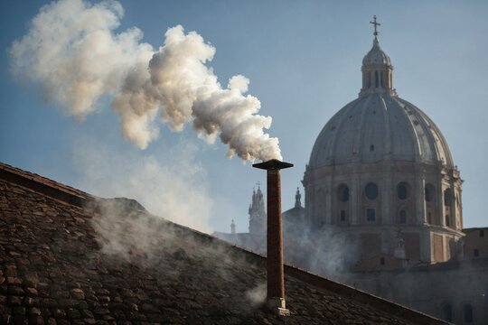 White smoke rises from the chapel chimney, indicating the successful election of a new pope during the papal conclave.
