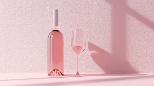 wine branding mockup with a blank rosÃ© bottle and wineglass on a soft pink background, ideal for showcasing your design work.