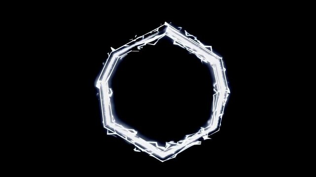 Abstract white hexagonal frame, hexagon (sexangle) Portal with glowing white energy lines and lightning isolated on black background, transparent chroma key alpha matte overlay VFX