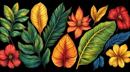 Vibrant botanical illustration showcases tropical foliage and flowers on a dark background