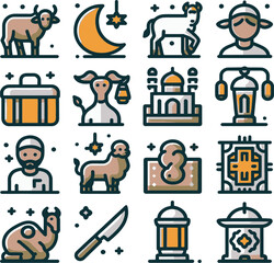 Celebrate Eid al-Adha with this vibrant vector illustration featuring a joyful Muslim family, traditional Qurbani animals (goat and cow), and a beautiful mosque backdrop. Perfect for Islamic holiday c