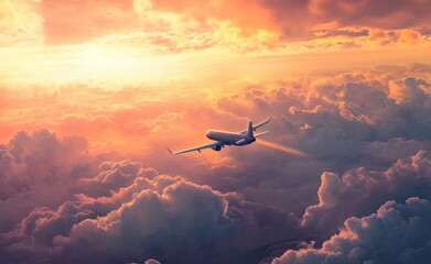 Naklejka premium Airplane flying above clouds at sunset golden hour