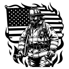 Firefighter with American Flag SVG Vector Outline
