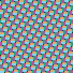 Pattern created from green, neon pink, pale gold and sky blue rectangles, and small charcoal squares