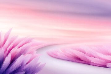 Obraz premium Serene pastel landscape with pink and purple feather-like fields at sunset