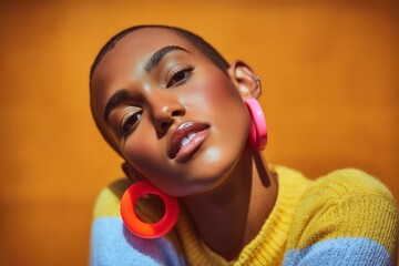 Stylish Black Woman with Bold Earrings and Colorful Outfit in Studio Portrait