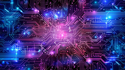 Obraz premium An abstract circuit board design featuring illuminated blue and pink pathways and connections