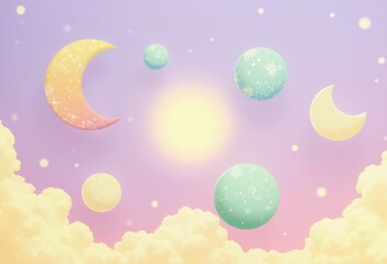 Colorful celestial scene with moons, planets, and a glowing sun