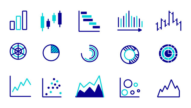 Set of various colorful charts and graphs on a white background. Concept of data visualization and analytics. Vector illustration
