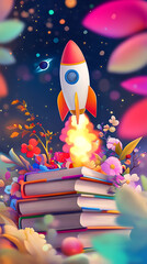 A colorful rocket launching from a stack of books surrounded by vibrant flowers and leaves in space