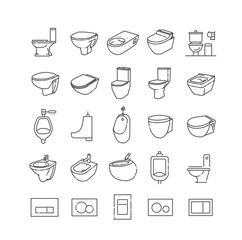 Toilet line icons. Toilets, Bidets, Urinals. Flush plates and push plates
