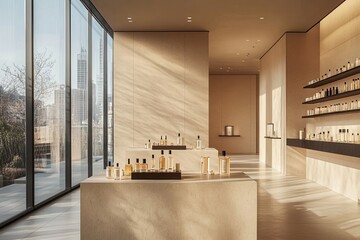 Obraz premium Modern, minimalist store with large windows. Sunlight streams into a light beige space showcasing skincare/fragrance products on display shelves and counters. City view outside