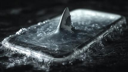 A sleek white smartphone with a shark fin emerging from its top, symbolizing the lurking danger of digital scams and phishing. Conceptual image with clean side space for caption or warning text.

