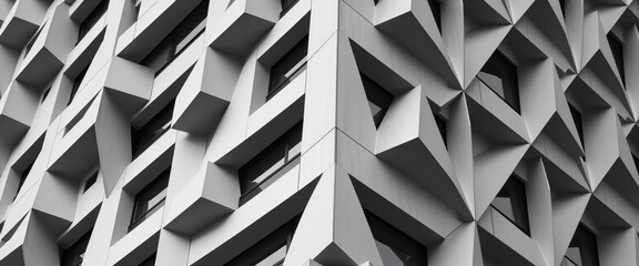 Black and white close-up of a geometric building facade, featuring repeating patterns and ample negative space, contemporary, architecture
