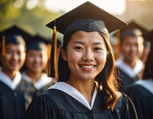 Custom AI Model: A smiling student graduating with caps and gowns outdoors in sunny weather.