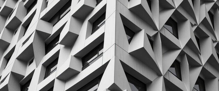 Black and white close-up of a geometric building facade, featuring repeating patterns and ample negative space, contemporary, architecture