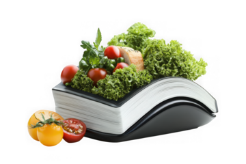 Open book with fresh vegetables tomatoes lettuce parsley healthy food diet isolated on transparent background