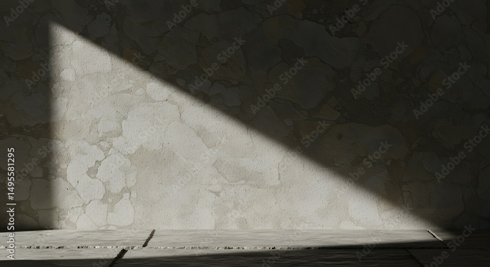 Poster intriguing interplay of light and shadow on a textured wall, creating a dramatic triangular shape. t