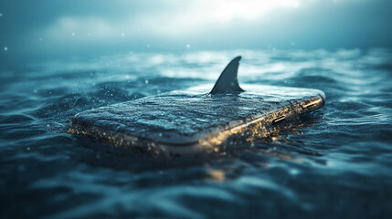A sleek white smartphone with a shark fin emerging from its top, symbolizing the lurking danger of digital scams and phishing. Conceptual image with clean side space for caption or warning text.