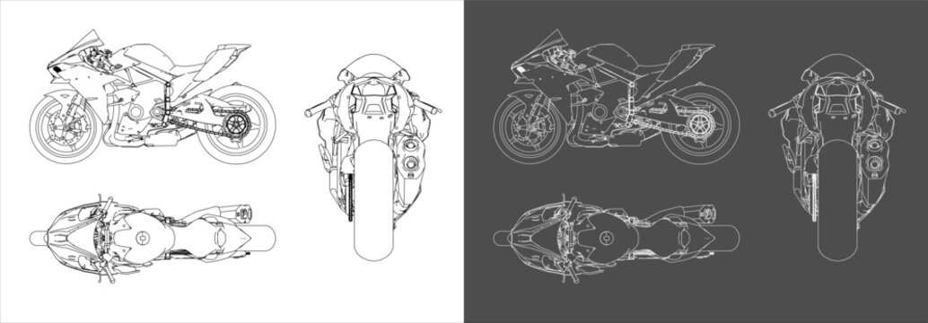 Set sport motorcycle Hyperbike high performance  4 cylinder in-line DOHC 3D technical line drawing blueprint vector. Isolated on transparent background