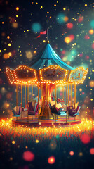 Enchanting carousel adorned with lights, surrounded by a magical atmosphere of glowing orbs