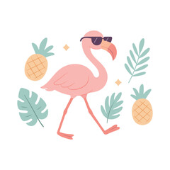 Cartoon flamingo wearing sunglasses walking among tropical leaves and pineapples, evoking a fun, summer vacation vibe. Vector flat illustration isolated on white.