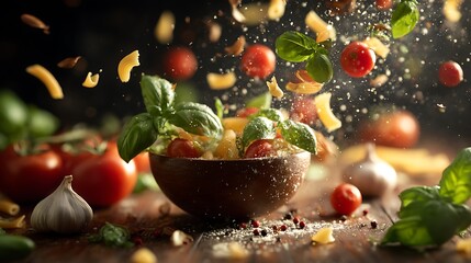 A Vibrant Capture of Fresh Pasta, Tomatoes, and Basil