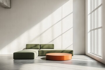 Modern, minimalist lounge area with muted tones