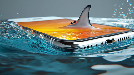 A sleek white smartphone with a shark fin emerging from its top, symbolizing the lurking danger of digital scams and phishing. Conceptual image with clean side space for caption or warning text.

