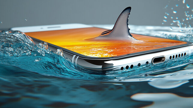 A sleek white smartphone with a shark fin emerging from its top, symbolizing the lurking danger of digital scams and phishing. Conceptual image with clean side space for caption or warning text.


