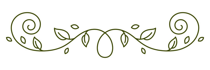 Floral curling element. Decorative nature swirling divider with leaves.