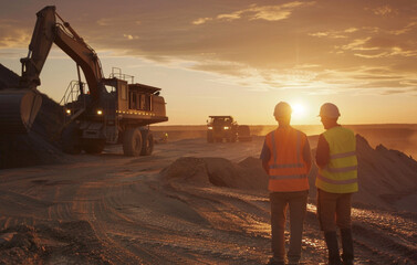 Construction workers supervise excavator loading dump truck at sunset on a sand excavation site