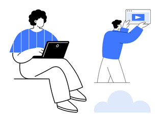 Two individuals collaborating on creative tasks. One works on a laptop, while the other displays a video interface. Ideal for collaboration, creativity, remote work, technology, education, media