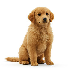 Obraz premium Realistic Fluffy Golden Retriever Puppy Sitting on Pure White Background – Full Body, Clean Edges