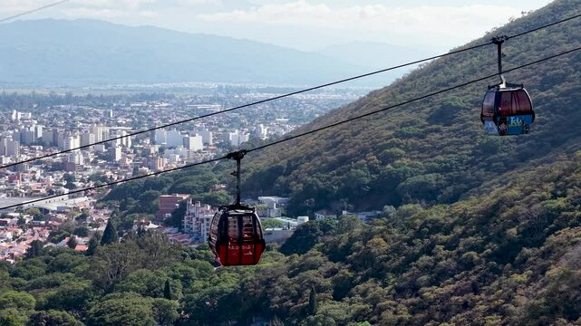 Aerial view of the cable car in Salta, Argentina. The city of Salta is in the background.