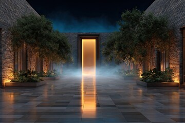 Glowing doorway doorway symbolism with surreal glowing doorway symbolism in ambient space for emotional visual storytelling. 