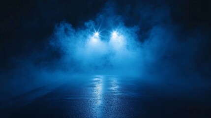 Mysterious Empty Street in Blue Fog Urban Photography Concept with Dark Ambiance.