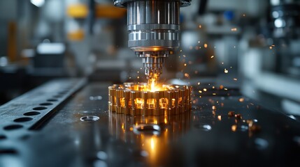 Machine part being precisely assembled in high-tech workshop, showing detail and innovation