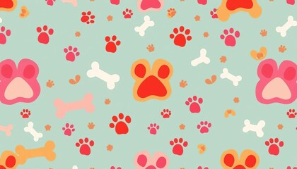 Happy playful dog bone and paw print seamless pattern background, wallpaper, paw print