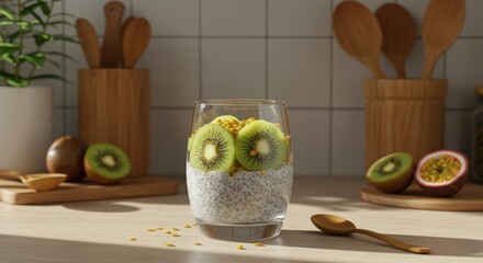 Delightful Chia Seed Pudding with Fresh Kiwi and Passion Fruit Topping Captured in a Stylish Kitchen Setting