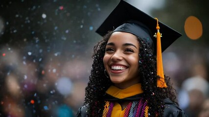 Young woman in graduation attire smiling joyfully amidst celebratory confetti outdoors