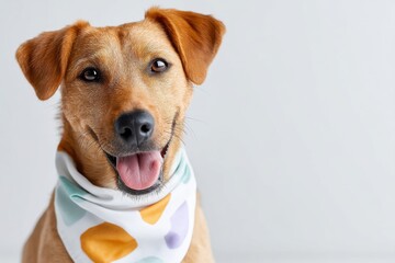Colorful dog bibs showcase happy pup against bright background with empty space for text