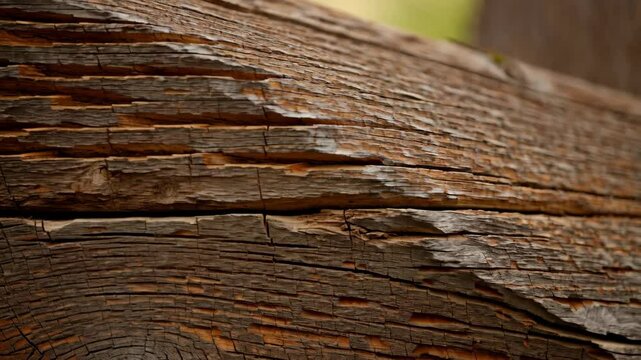 Detailed closeup of weathered rustic wooden fence rail with peeling paint and textured wood grain under natural sunlight outdoors