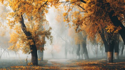 Autumnal Pathway Through a Misty Golden Forest Scene