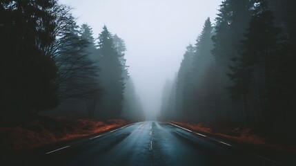 A Mysterious Fog-Shrouded Road Through a Dense Pine Forest