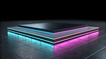 Futuristic Floating Stage with Neon Lights on Dark Reflective Floor